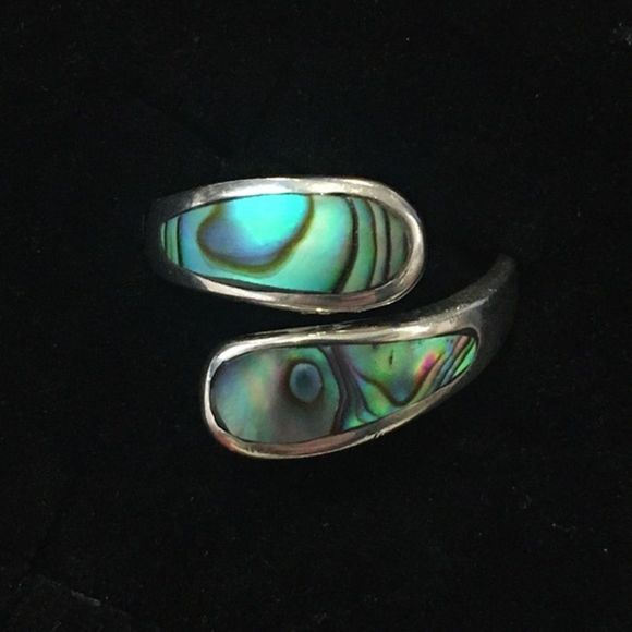 Genuine Sterling Silver Abalone Bypass Ring Sz 7.5 - Picture 1 of 15